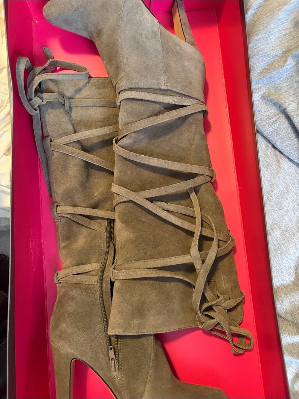 Women's Taupe Suede Lace-Up High Heel Boots